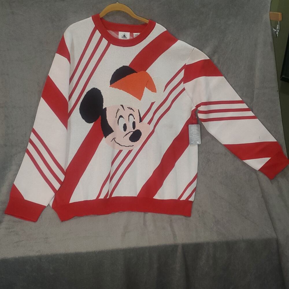 Disney Mickey Mouse Christmas Sweater Red White Candy Cane Stripes XXL